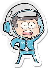 distressed sticker of a cartoon surprised astronaut