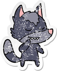 distressed sticker of a friendly cartoon wolf