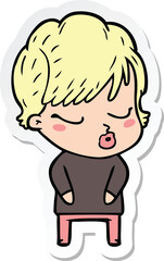 sticker of a cartoon woman with eyes shut