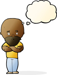 cartoon shocked bald man with beard with thought bubble