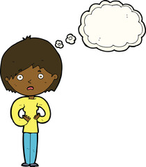 cartoon woman making Who Me? gesture with thought bubble