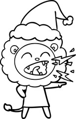 line drawing of a roaring lion girl wearing santa hat