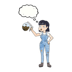 thought bubble textured cartoon woman in dungarees with coffee