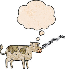 cartoon cow and thought bubble in grunge texture pattern style