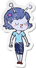 distressed sticker of a happy alien girl cartoon