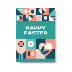 Happy Easter. Vector Flat Abstract Easter Neo Geometric Poster. Trendy Pattern for Poster, Banner, Flyer, Postcard, Spring Theme Presentation and Web Design.