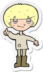 sticker of a cartoon boy in poor clothing giving thumbs up symbol