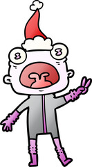 gradient cartoon of a weird alien waving wearing santa hat