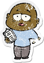 distressed sticker of a cartoon tired bald man