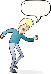 cartoon happy man dancing with speech bubble