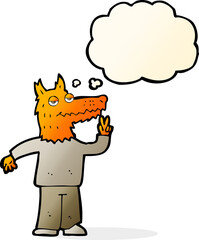 cartoon happy fox man with thought bubble