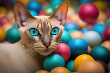 Fototapeta na wymiar portrait of a cat with balls. generative AI