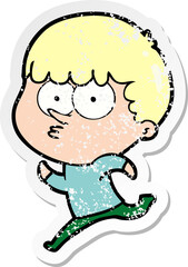 distressed sticker of a cartoon curious boy running