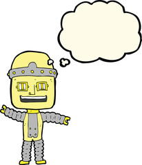 cartoon waving robot with thought bubble