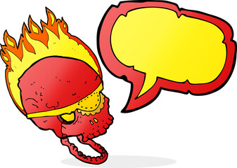 cartoon spooky skull with eye patch with speech bubble
