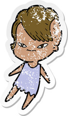 distressed sticker of a cute cartoon girl with hipster haircut