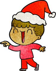 laughing textured cartoon of a man pointing wearing santa hat