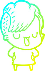 cold gradient line drawing cute cartoon girl with hipster haircut