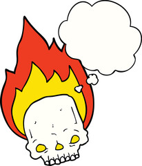 spooky cartoon flaming skull and thought bubble