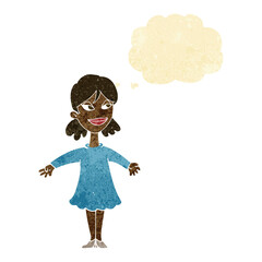 cartoon woman with open arms with thought bubble