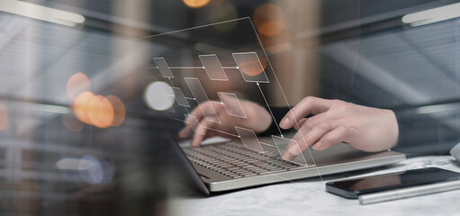 Programmer working on laptop with algorithm .