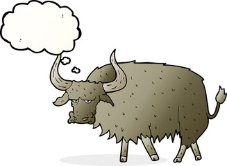 cartoon annoyed hairy cow with thought bubble
