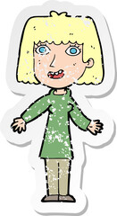 retro distressed sticker of a cartoon happy woman