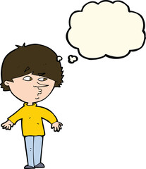 cartoon suspicious man looking over shoulder with thought bubble