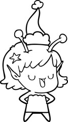 happy alien girl line drawing of a wearing santa hat