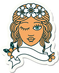 tattoo sticker with banner of a maidens face winking
