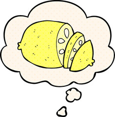 cartoon sliced lemon and thought bubble in comic book style