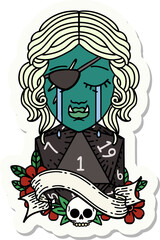 crying orc rogue character face with natural one D20 roll sticker