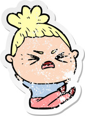 distressed sticker of a cartoon angry woman