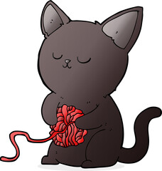 cartoon cute black cat playing with ball of yarn