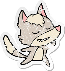 distressed sticker of a friendly cartoon wolf dancing