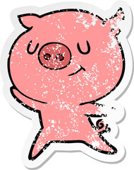 distressed sticker of a happy cartoon pig