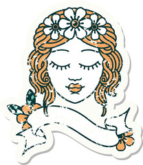 grunge sticker with banner of a maidens face