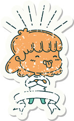 grunge sticker of tattoo style girl sticking out tongue