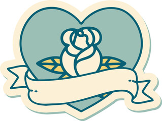 tattoo style sticker of a heart rose and banner