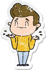 distressed sticker of a happy cartoon man shrugging
