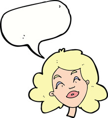 cartoon happy female face with speech bubble
