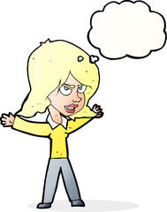cartoon woman gesturing with thought bubble