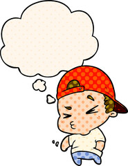 cartoon cool kid and thought bubble in comic book style