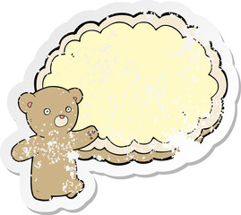 retro distressed sticker of a cartoon bear with text space cloud