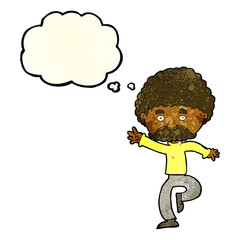 cartoon mustache man disco dancing with thought bubble