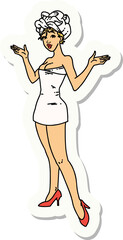 tattoo style sticker of a pinup girl in towels