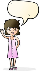 cartoon pretty woman waving with speech bubble
