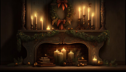Warm fireplace mantle decorated with wreathes and candles for Christmas created with Generative AI technology