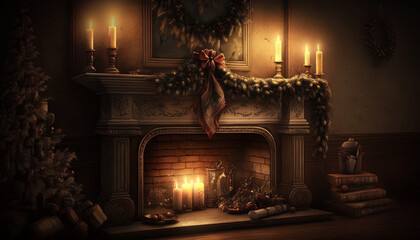 Warm mantle decorated for Christmas with candles and a Christmas tree created with Generative AI technology