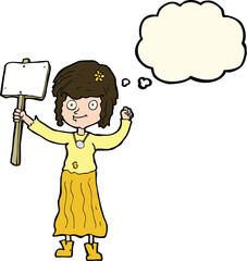 cartoon hippie girl with protest sign with thought bubble